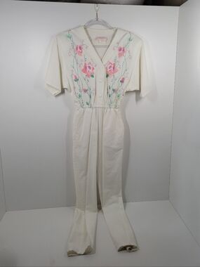 Vintage 80s 90s Allison Rose Dragonfly White Floral Cottagecore Jumpsuit Size XS
